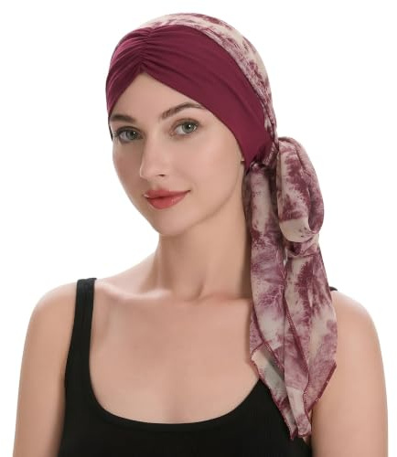 ZLYC Chemo Headwear Pre Tied Head Scarf Headwraps Lightweight Beanie Hat for Women(Inkwash Painting Burgundy),One Size