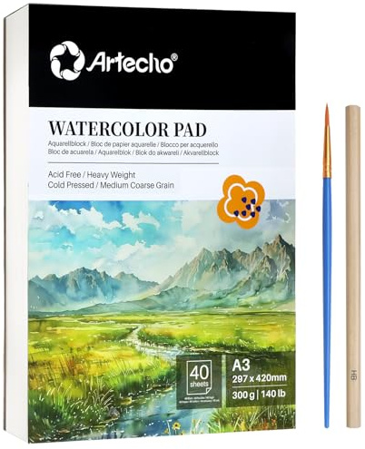 Artecho Bloc de papel de acuarela A3, 40 hojas con pincel de acuarela y lápiz, papel de acuarela de 300 g/m², bloc de papel de arte, cuaderno de bocetos de acuarela para pintura, dibujo, bocetos y