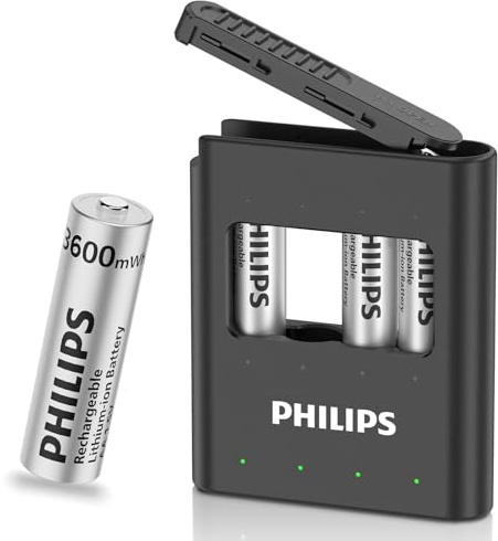 Philips 1.5V AA Lithium Rechargeable Batteries with Fast Charger 4 Pack - 3600mWh High Power Li-ion Double A Batteries Long Lasting for Xbox/Blink/Flashlights