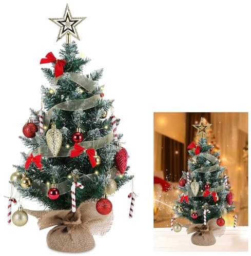 LYtech 60cm Árbol de Navidad de Mesa Mini Árbol de Navidad Artificial Pequeño Árboles de Navideña con luz LED arbol Navideña con Copa de arbol Estrella Adornos Colgantes Decoración Navideña Regalo