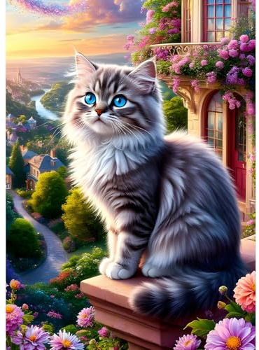 DPHERO Blue-Eyed Cat Diamond Painting Kits for Beginners Adults,5D DIY Garden Diamond Art Kits,Round Full Drill Landscape Gem Art Crafts,DIY Painting by Numbers for Home Wall Decor 12x16 inch