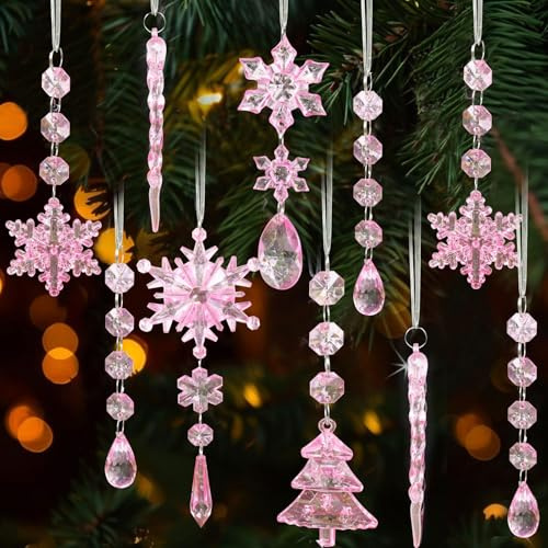 Julgransdekorationer, 18 stycken kristalljulgranspynt, hänge, akryl, snöflingor, istapp, dekoration, julgran, dekoration, rosa för jul, dekoration, fest, vinter