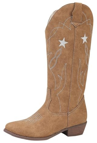 Stivali Monta Western,Stivali da Donna Neri Eleganti Cowboy Scarpe di Media Altezza Cowboy Stivaletto con Tacco a Blocco Texani Stivaletti con Fibbie Anfibi
