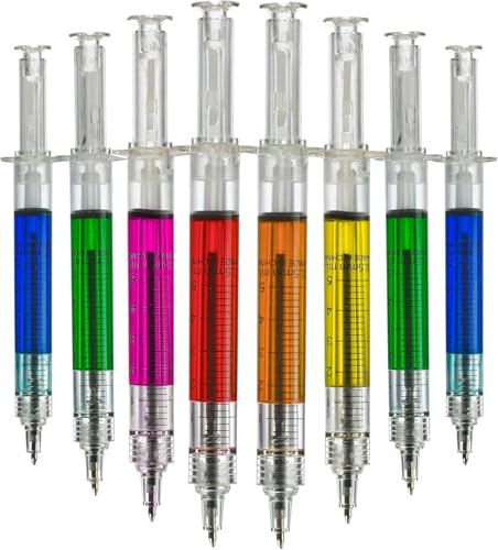 Bedwina Syringe Pens - (Bulk Pack of 12) Retractable Fun Multi Color Novelty Pen for Nurses, Nursing Student School Supplies, Birthdays, Stocking Stuffers and Toy Party Favor Gifts