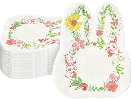 Lot de 40 serviettes de Pâques - En forme de lapin - Décoration de table de Pâques - Blanches - Idéales pour le petit-déjeuner de Pâques, le thé après-ventre, les fêtes de famille et les activités de