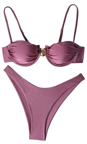 SHENHE Women's 2 Piece Swimsuits Underwire High Cut Cheeky Bikini Set Bathing Suits Dusty Pink Large