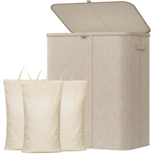 Lifewit Tvättkorg med lock, Tvättkorg med plasthandtag och Tvättpåse, Tvättstuga, Sovrum, Badrum, 185 L, Beige