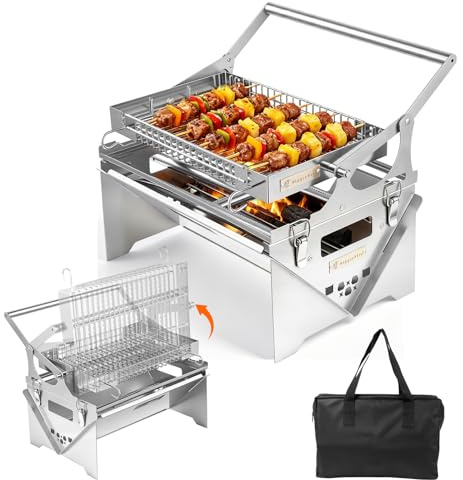 Barbacoa de gas, giratoria 360°, barbacoa de gas con gas y carbón vegetal, parrilla de gas portátil 304, barbacoa plegable con bolsa de transporte, barbacoa extraíble para picnic, jardín, terraza
