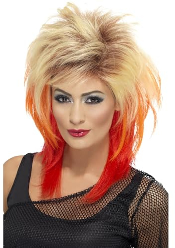 Smiffys Peluca de corte mullet de los 80, rubia, con iluminaciones rojas Halloween, Carnaval