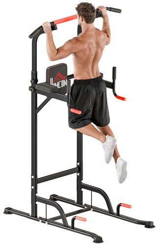 Homcom Station de fitness Barre de traction, 4 vents, hauteur réglable 181 – 229 cm, en acier, noir rouge, charge maximale 120 kg