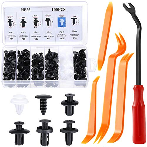 Vintoney Clips Voiture, 100 Pcs Rivet Clips Plastique Fixation Noir Universel pour Auto Voitures Panneaux Garnitures de portières avec Boîtier de Rangement et Outil Démontage Installation