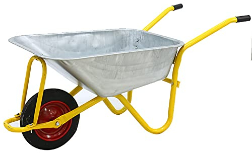 Carretilla de Obra o Jardin Galvanizado Resiste Hasta 150kg con Rueda maciza para Profesional, Construcción, Obra Y JardineríA, 85L,Amarillo