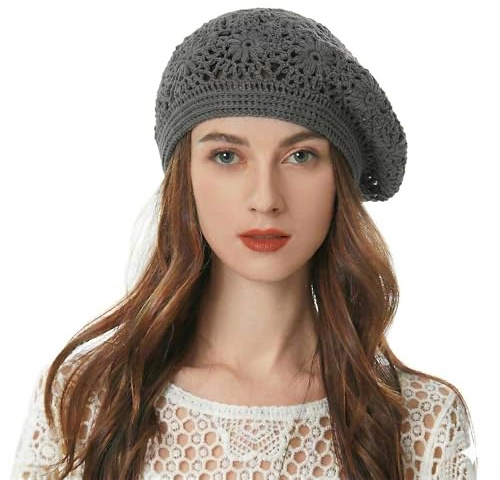 ZLYC Damen Baumwolle Häkelmütze Barette Handgemacht Retro Aushöhlen Strickmütze Frühling Sommer Leicht Elegant Baskenmützen (Uni Grau),Gr.Einheitsgröße