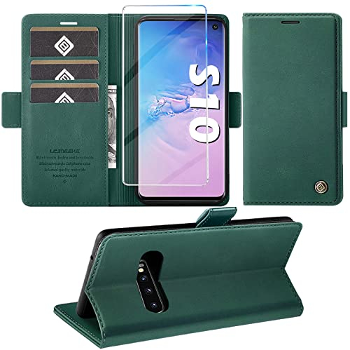 für Samsung Galaxy S10 Hülle mit Schutzfolie, Handyhülle Galaxy S10 Standfunktion Kartenfach Wallet Premium Leder Schutzhülle S10 Flip Case Cover Stoßfeste Klapphülle (Grün)