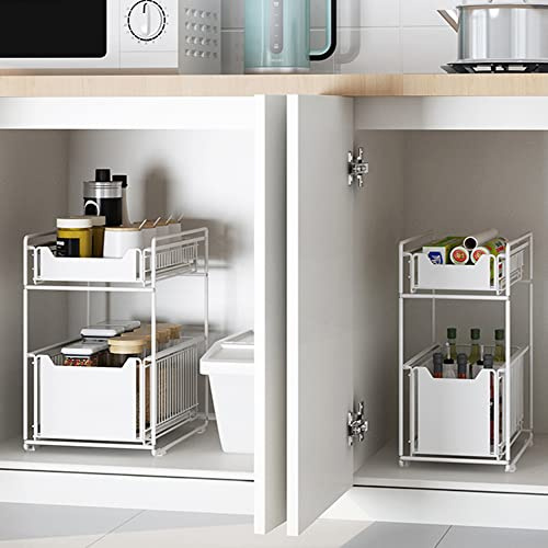 GLIT Rangement Sous évier à 2 Niveaux, Organisateur de Cuisine avec 2 Tiroirs Coulissants, Panier de Rangement Coulissan pour Garde-Manger, Chambre, Porte-épices (Blanc,2Pcs)