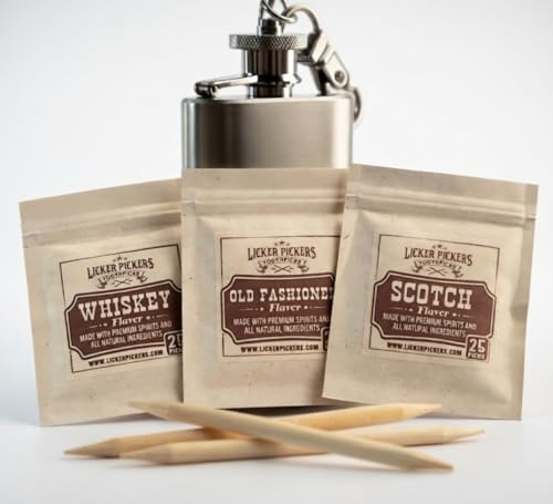 Licker Pickers Three Flavor Variety Pack Toothpicks-Liquor-Infused Picks with Bonus 2oz stainless steel Flask.