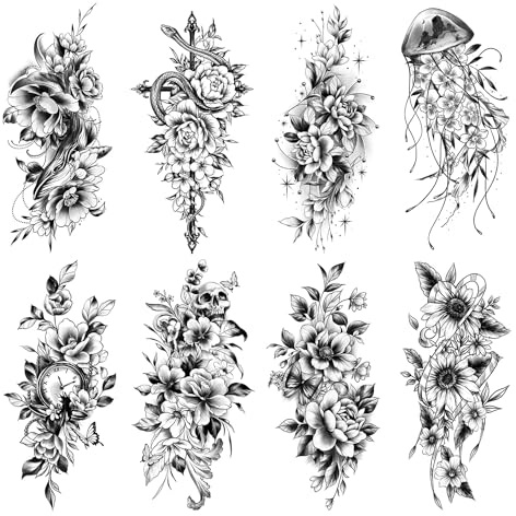 Cerlaza Half Sleeves Temporary Tattoos for Women, Half Arm Sleeve Fake Tattoo Stickers for Body Makeup, Large Black Flower Realistic Temp Tattoos for Girls Adult - 10 Sheet
