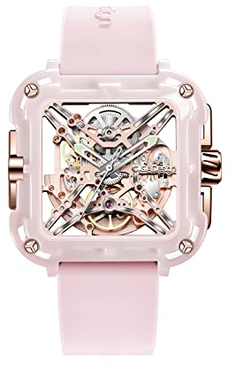CIGA Design Montre Automatique Femme - Série X Machina SUV Montre Bracelet Céramique Style de Mode Squelette en Cristal Saphir avec Boîte-Cadeau et Bracelet en Silicone(Rose)