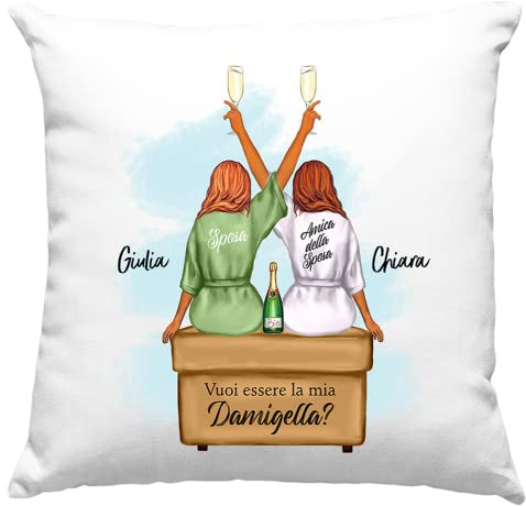 Vulfire Damigella Testimone Cuscino Regalo donna matrimonio originale - Nome, Capelli, Abito e altro da Personalizzare Idee Regali per lei - con Imbottitura (Bianco)