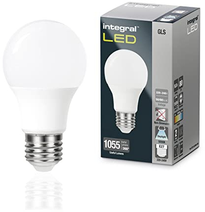 Integral Bombilla LED 2 PACK E27 GLS A60 Luz Natural 5000 K, 1055 LM, 9,5 W (equivalente a 75 W) no regulable - Eficiencia energética e ideal para accesorios de pared y lámparas en oficinas