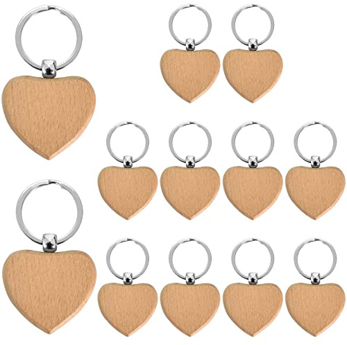 Mikihat 12 Pezzi Portachiavi in Legno Vuoto, Portachiavi Cuore Legno, Cuori Legno Fai Da Te, Portachiavi Vuoti per Incisione, Pittura, Scritte, Regali per Coppie, Famiglie, Matrimoni, Compleanni