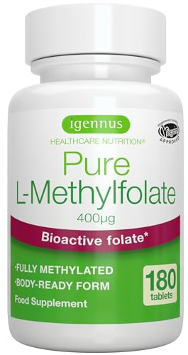 L-Metilfolato Puro 400 mcg, Forma Attiva Acido Folico 5-MTHF (Vitamina B9), 180 Compresse, Integratore Vegano, Ingredienti Puri e Senza Additivi, 1 al giorno - Igennus