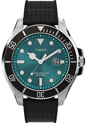 Timex Trend Herren-Armbanduhr, 43 mm, schwarzes, zweiteiliges, synthetisches Kautschukarmband mit Schnellverschluss, grünes Zifferblatt, silberfarbenes Gehäuse TW2V91700