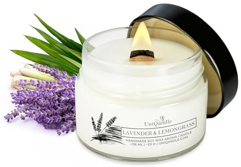 UniQandle Duftkerzen im Glas – Starker Duft, gleichmäßiges Brennen, als Geschenk geeignet – Langbrennend, Holzdocht, natürliches Wachs, Soy Wax (Lavender & Lemongrass)