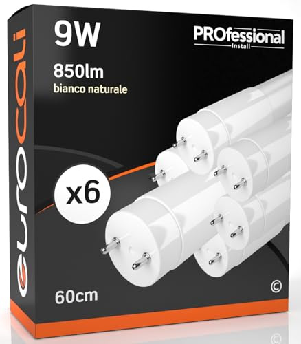 Eurocali Tubo LED 60cm G13 T8 9W 850 lumen - Luce Bianco Naturale 4000K - Fascio Luminoso 160° - Sostituzione Neon - Pacco da 6