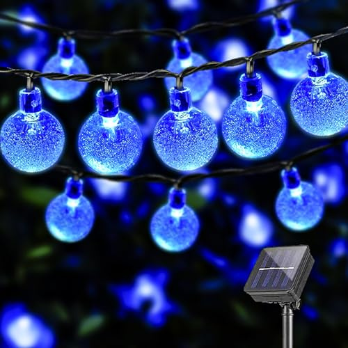 LQWELL® Solcellsljusslinga, 8 m, 30 LED, 8 lägen för inomhus- och utomhusbruk, kedjeljus, kristallkulor, IP44, ljusslinga, trädgård, terrass, balkong, bröllop, fest, fönster (Blå)