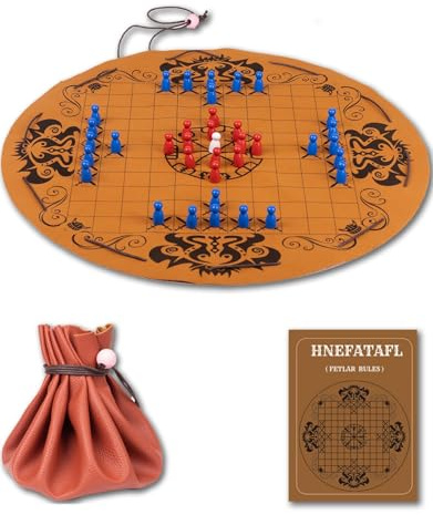 Hnefatafl- Juego de ajedrez vikingo, juego tradicional de estrategia de mesa para dos jugadores, piezas de ajedrez tridimensionales, tapete de juego de cuero, diseño de cordón, fácil de almacenar y