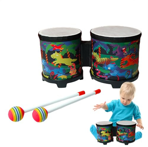 Bongó - Strumento a percussione musicale, fatto a mano, bellissimo tamburo in legno con 2 bacchette colorate, leggero e compatto, ideale per bambini e adulti.