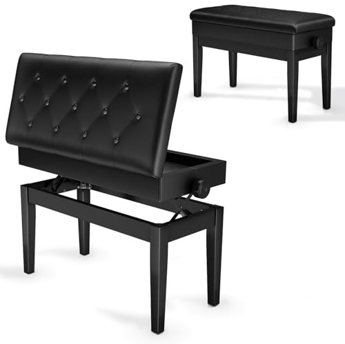 Clevich Sgabello per pianoforte, regolabile in altezza, 48 – 58 cm, con vano portaoggetti, panca per pianoforte con cuscino in pelle PU, sedia per pianoforte, resistente, portata fino a 200 kg, nero