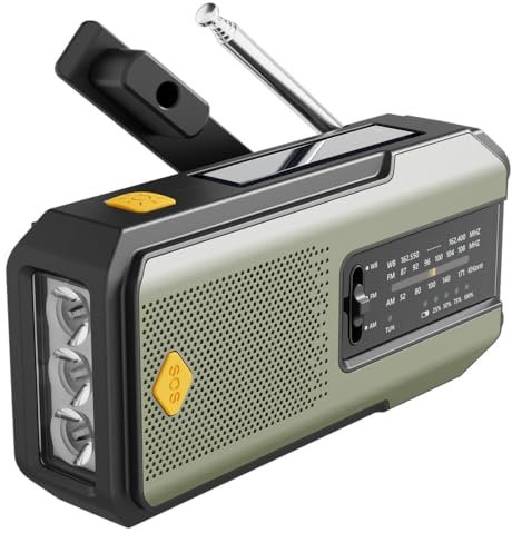 Radio de Emergencia Solar con Manivela, Alternativa Ecológica a Radio a Pilas, con Linterna LED de Alta Intensidad, Power Bank USB y Alarma SOS para Camping, Apagones y Supervivencia