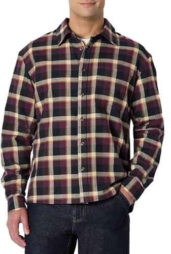 Amazon Essentials Camicia in Flanella a Maniche Lunghe, Vestibilità Rilassata Uomo, Bordeaux Scuro Nero Check Plaid, L