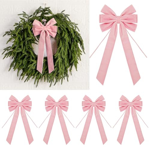 4 Pcs Luxury Christmas Velvet Bows - 15 x 6.5 Inch Vintage Tree Topper Bow for Gift Wrapping Xmas Tree Wreath Garland Wall Cabinet Fireplace Staircase Wedding Home Decoration (Pink)