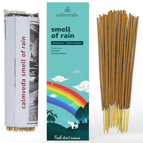 CALMVEDA Fresh Rain Incense Petrichor - for Relax 80+ Sticks, Charcoal-free | Handmade from Upcycled Flowers, IFRA Compliant Fragrance, Meditation Incense Sticks with Petrichor Aroma of Rain Soaked Earth