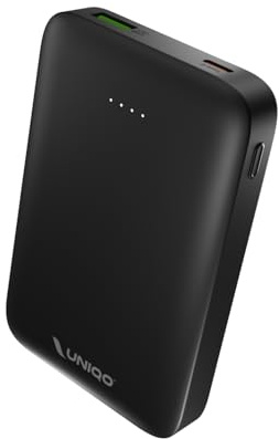 UNIQO Power Slim 10K - Power Delivery 22,5 W (PD 3.1PPS), 10 000 mAh tunn powerbank, USB-C, USB-A, PowerBank med snabbladdning, bärbar reseladdare, kompakt design, svart