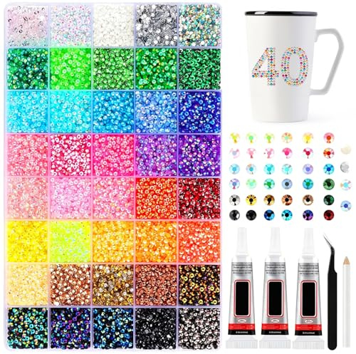 32.000 st strass-stenar, 40 färger, glitterstenar, bedazzler-kit med lim, glitterstenar, självhäftande bedazzler-kit, platt baksida, strass-stenar för gör-det-själv pyssel, naglar