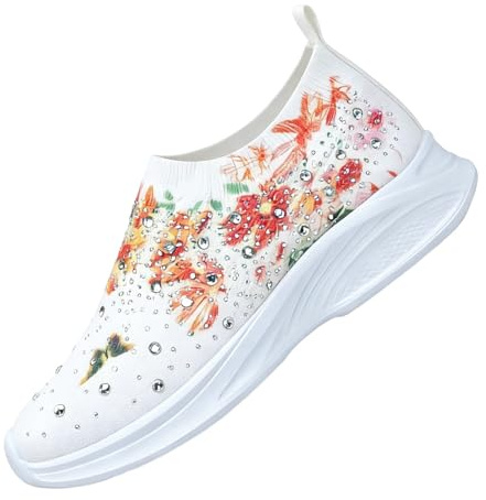 Generiska sportskor för kvinnor, strass, sneakers, stickade stickade blomtryck, sneakers, slip-on, sport, promenader, platå-vandringsskor, löparskor, promenadskor för vandring, arbete, camping