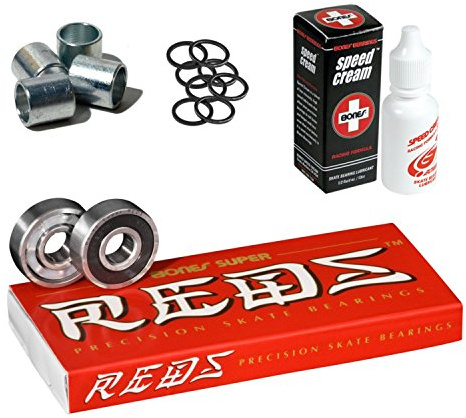 Bones Super Reds Bearings, 8 Pack Set with Spacers, Speed Rings, and Speed Cream