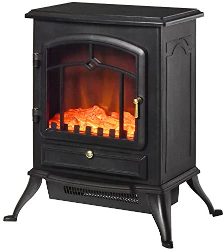 HOMCOM Camino Elettrico da Terra con Effetto Fiamma Potenza 1000W /2000W in ABS e Vetro, 45x28x54cm, Nero
