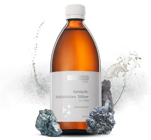 Vitabay Kolloidales Silber 50 PPM - 500 ml Kollodiales-Silber Hochdosiert - Reinheitsstufe 99,99% und abgefüllt in Braunglasflasche - Laborgeprüft & hergestellt aus hochwertigen Rohstoffen