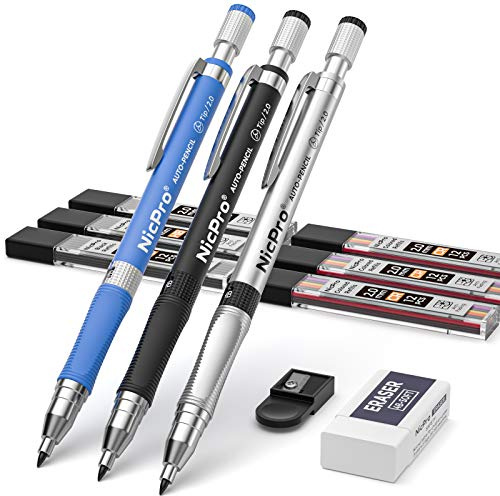 Nicpro 3 Stück Druckbleistift Set Fallminenstift 2,0 mm für Kunstzeichnung, Schreiben, Skizzieren, Konstruktion mit 6 Dosen Farbe & Schwarz Bleimine (HB 2B), Radiergummi, Anspitzer