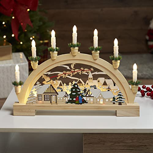 GloBrite Wooden Christmas Candle Bridge Arch with Santa Village Scene - 10 Warm White LED Xmas Candles, Battery Operated - Decoration for Table Centrepiece, Mantel & Indoor Christmas Decorations