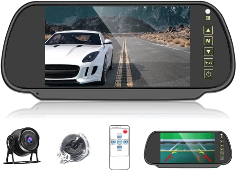 Rückspiegel Rückfahrkamera 7 Zoll Farb-LCD-Spiegel Monitor, IP66 Wasserdicht HD-Kamera, Nachtsicht, Spiegel/Normale Bilder, Bildschirm Einparkhilfe mit 15m Kabel 12V-24V für Autos, PKW, LKW, SUVs