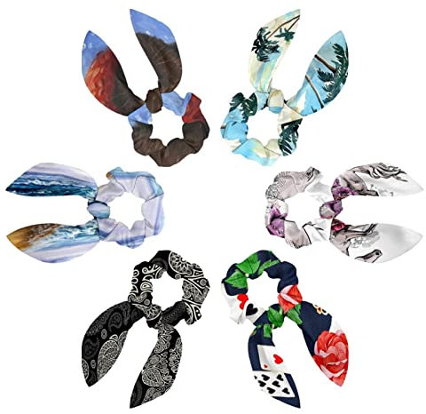 6PCS Hair Scarf Scruncheis for Women Girls, Ribbon Bow Elastic Hair Ties Bands Satin Hair Ribbon Scrunchy Ponytail Holder Accessories,Summer Vacation Palm Tree Beach Painting