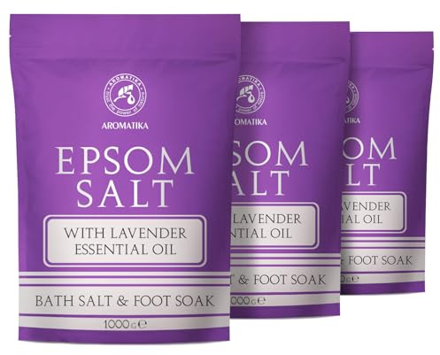 Sal de Baño de Epsom 3х1000g - Sal de Baño de Epsom con Aceite Esencial de Lavanda - Sulfato de Magnesio Concentrado - Calmante y Alivia la Fatiga - Cuidado de Piel - Relajantes