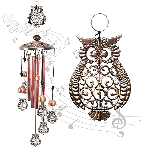 Campanas de Viento Artesanales Metal Colgantes, Carillón de Viento con Diseño de Búho, Tubos de Metal Carillones de Viento, Carillones de Metal para Exteriores (Aceite de Cocina)