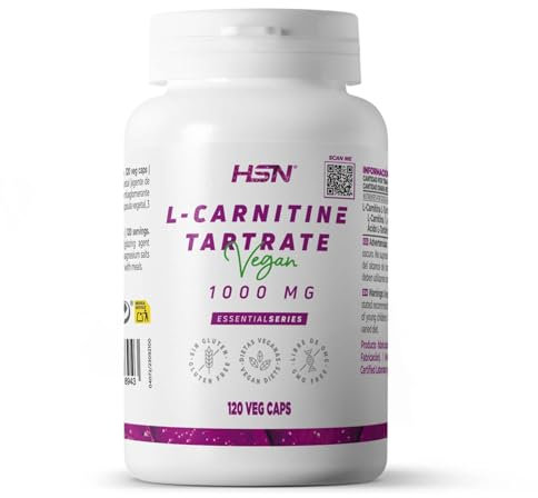 HSN L-Carnitina L-Tartrato 3000 mg por Dosis Diaria | 120 Cápsulas Vegetales Sin Aditivos estéticos - Pura Carnitina 100% enantiómero Levo- (L-) de Máxima Absorción | No-GMO, Vegano, Sin Gluten
